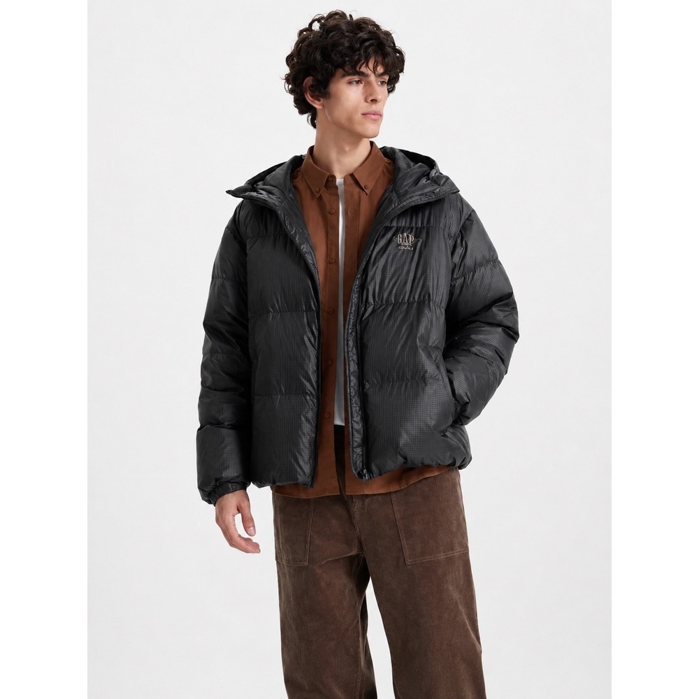 Gap Original Mens Black Grid Down Puffer Jacket Hooded Full Zip Small S